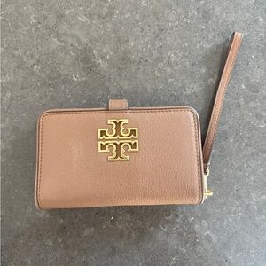 Tory Burch Tan Leather Wristlet with Gold Accent